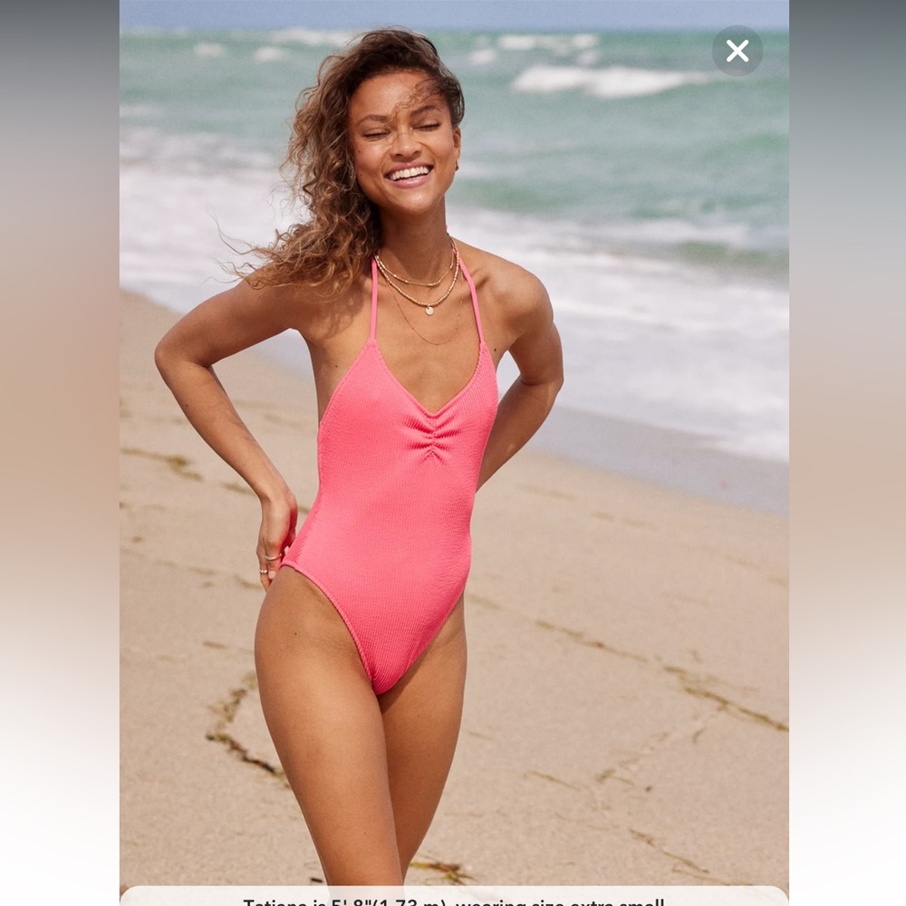 NWT Aerie Crinkle Halter Cheekiest One Piece Swimsuit XXL pink coral $55 msrp